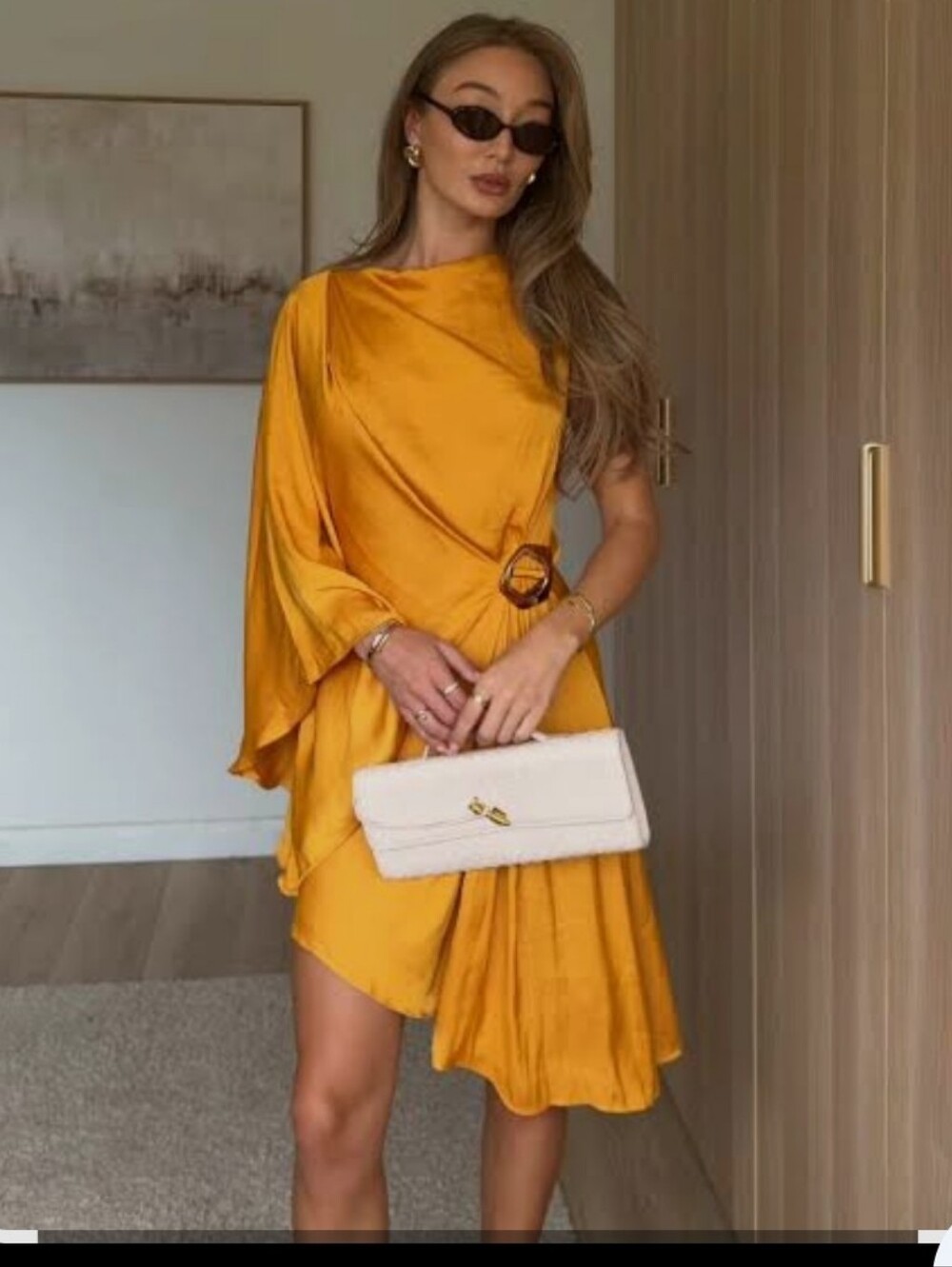 Zara Asymmetric Buckle Dress Curry Orange One Shoulder Satin Size XS and M